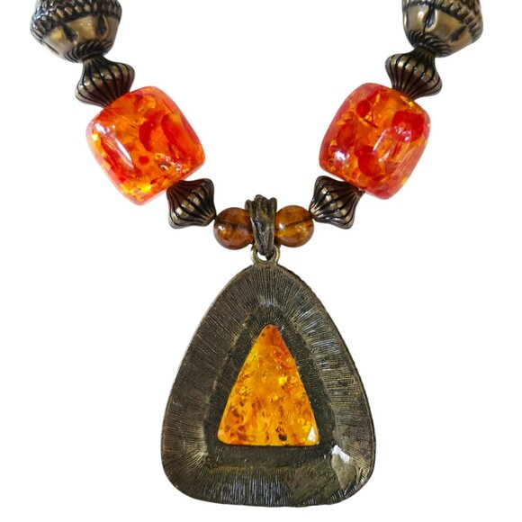 Exotic Tibetan Style Amber Resin Statement Necklace Triangle Pendant Boho Ethnic - Picture 7 of 7